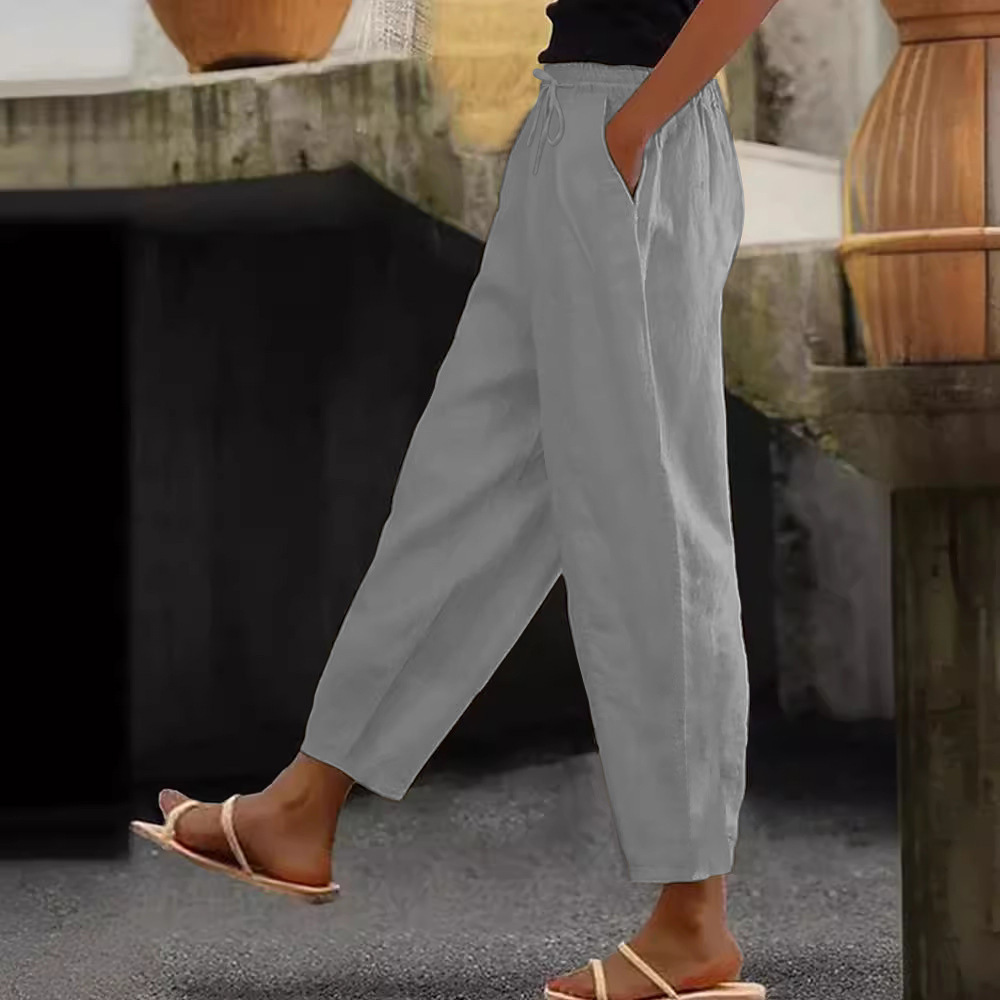 Women's Cotton-Linen Blend Solid Color Casual Pants with Side Pockets and Drawstring