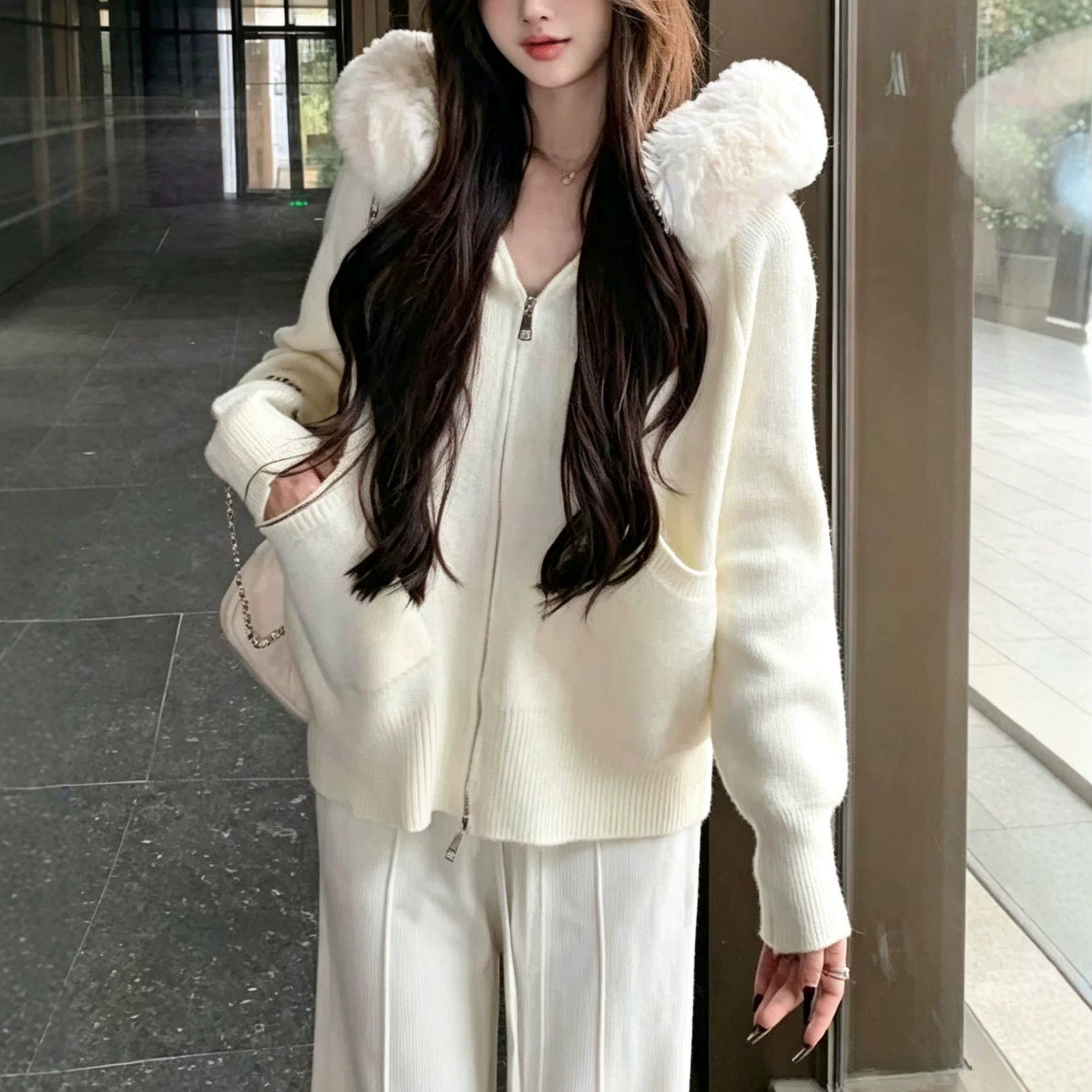 Women's Faux Fur Trim Hooded Zip Knit Cardigan Solid Color Loose Sweater with Pockets
