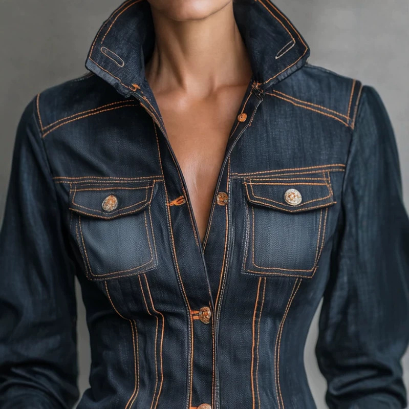 Retro Slim-Fit Dark Denim Jacket with Orange Contrast Stitching