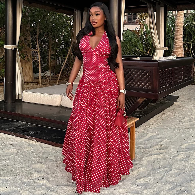 Polka Dot Halter Open Back Slimming Midi Dress