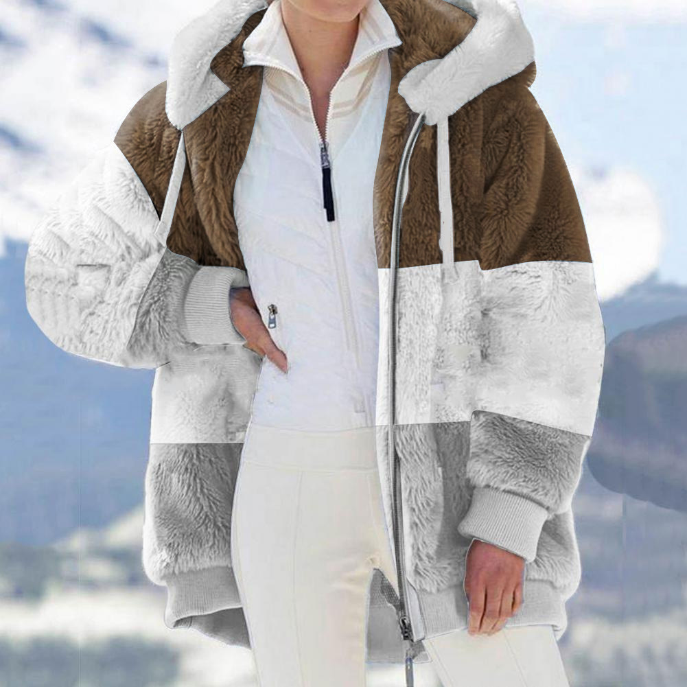 Women's Warm Fleece Color-Block Zip Hooded Loose Coat
