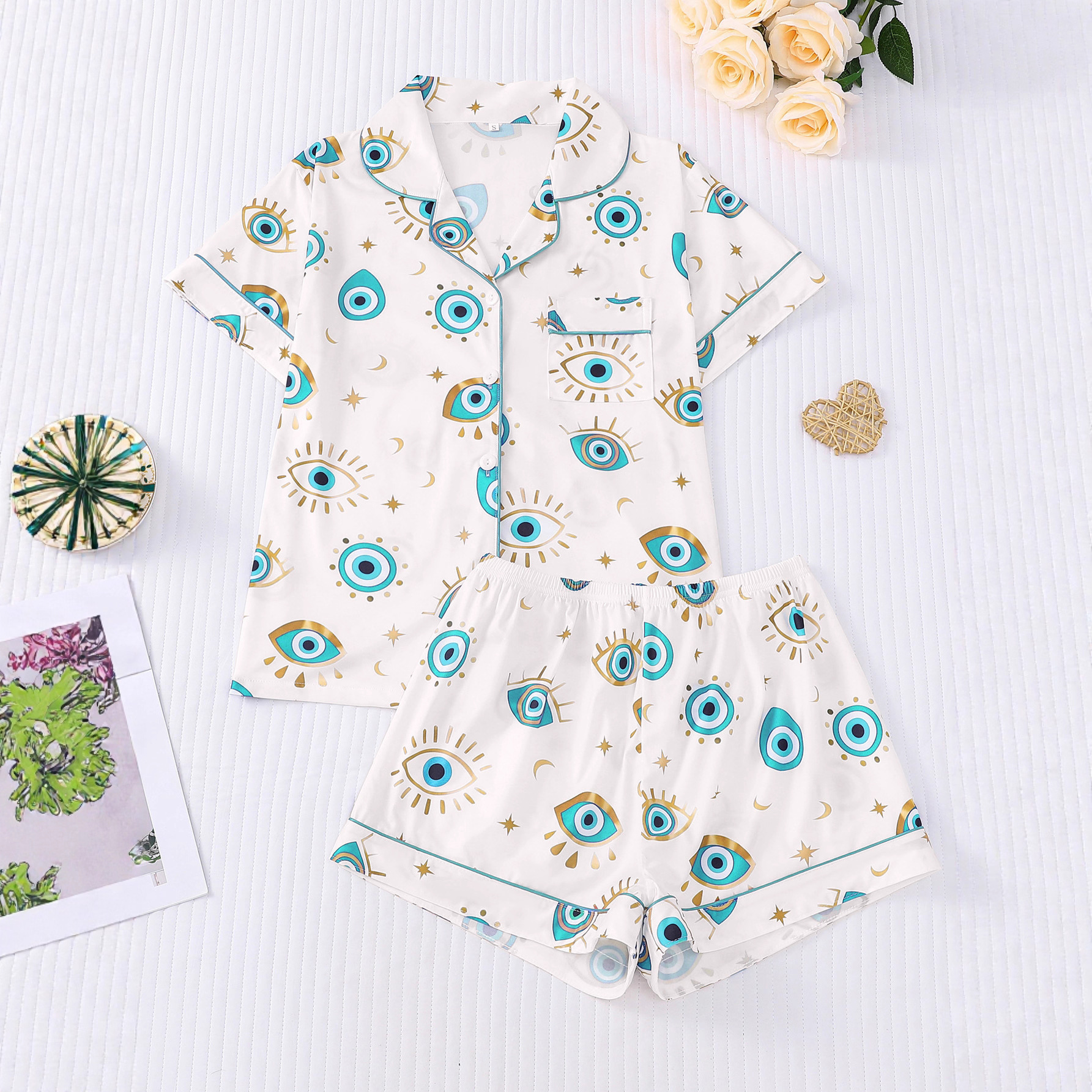 Women's Printed Short Sleeve Shorts Pajama Set with Collar Loose Comfortable