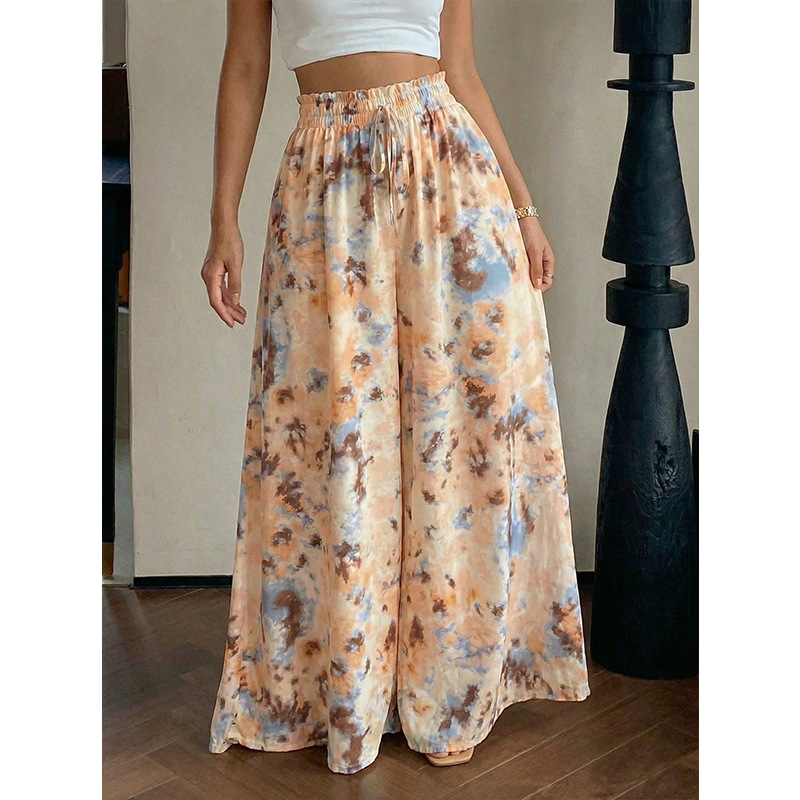 Plus Size High Waist Wide Leg Pants Tie-Dye Print Drawstring