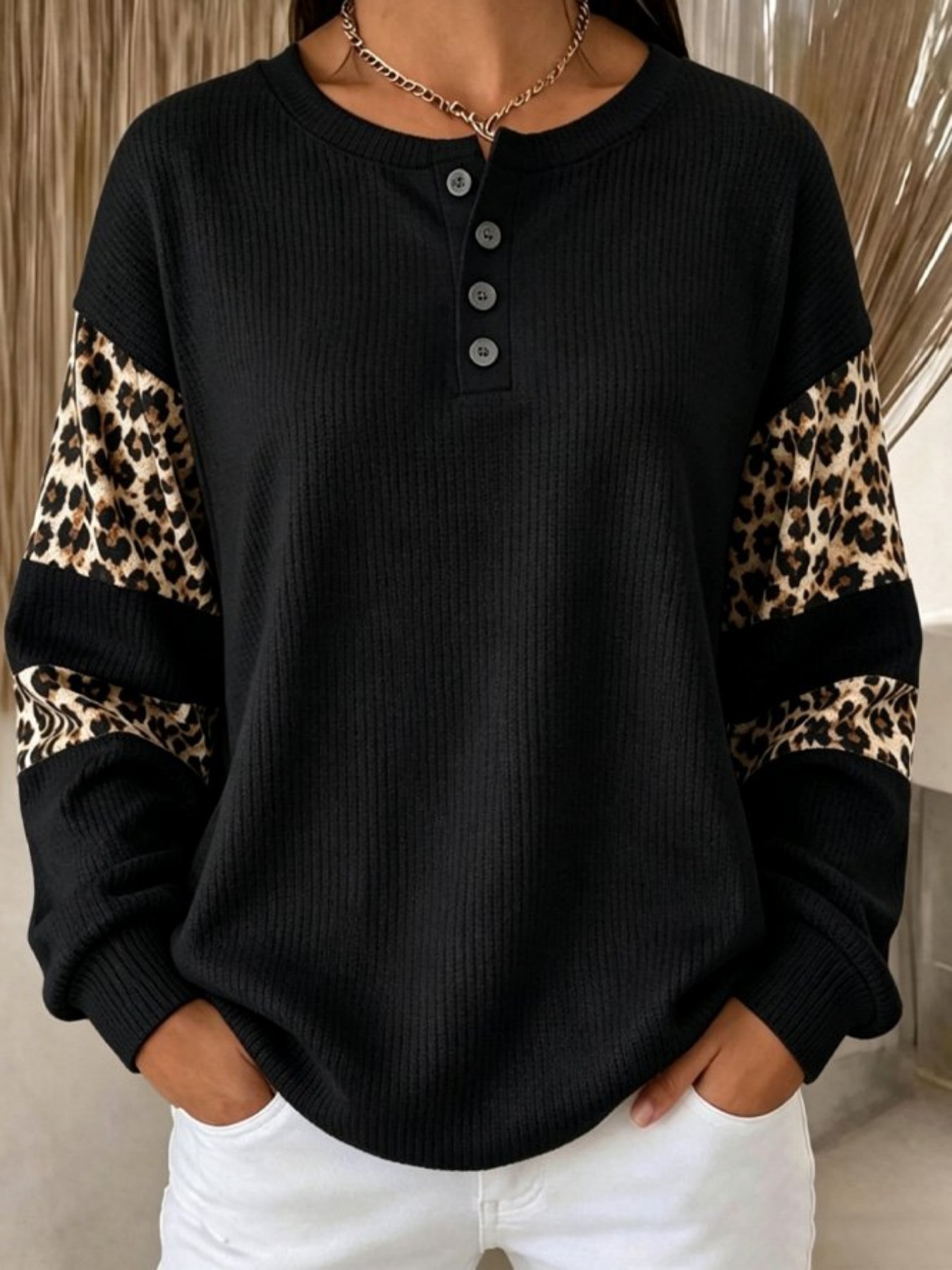 Women's Retro Color-Block Leopard Print Buttoned Sweatshirt