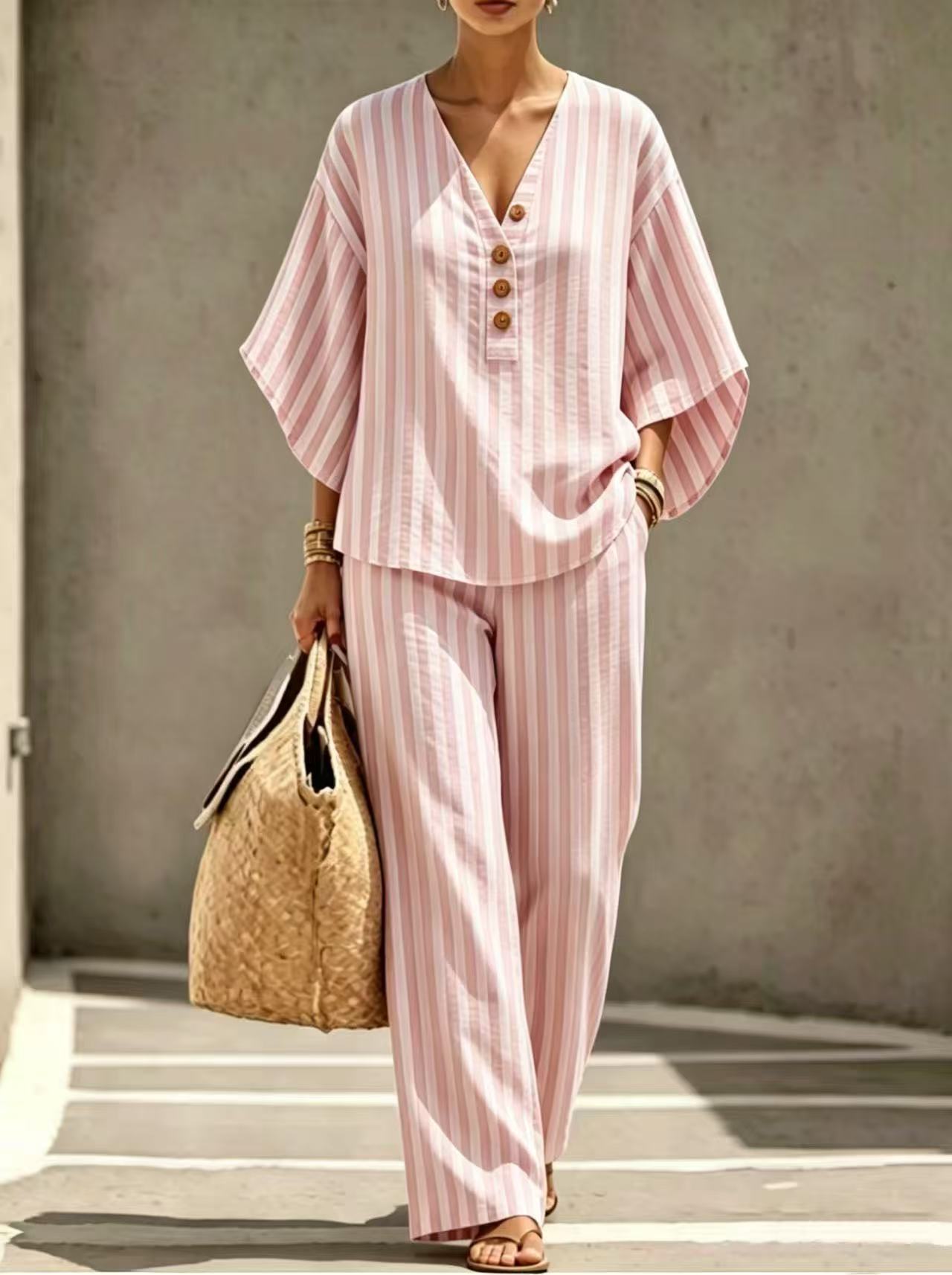 Women's Striped Print Three-Button Pant Set with Mid-Sleeve Top
