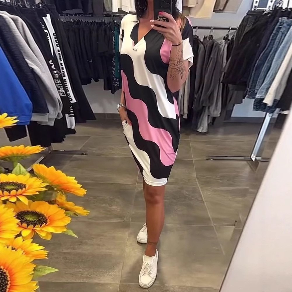 3D Print Short Sleeve V-Neck Cinched Waist Midi Dress