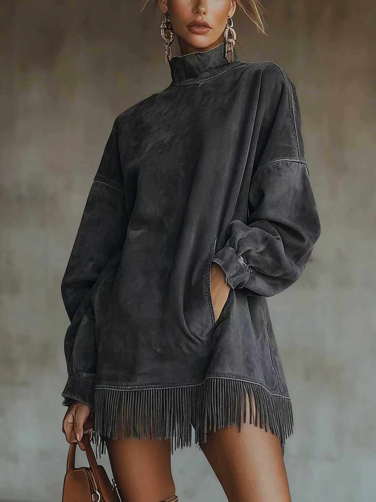 High Neck Loose Pocket Fringe Long Sleeve Faux Suede Dress