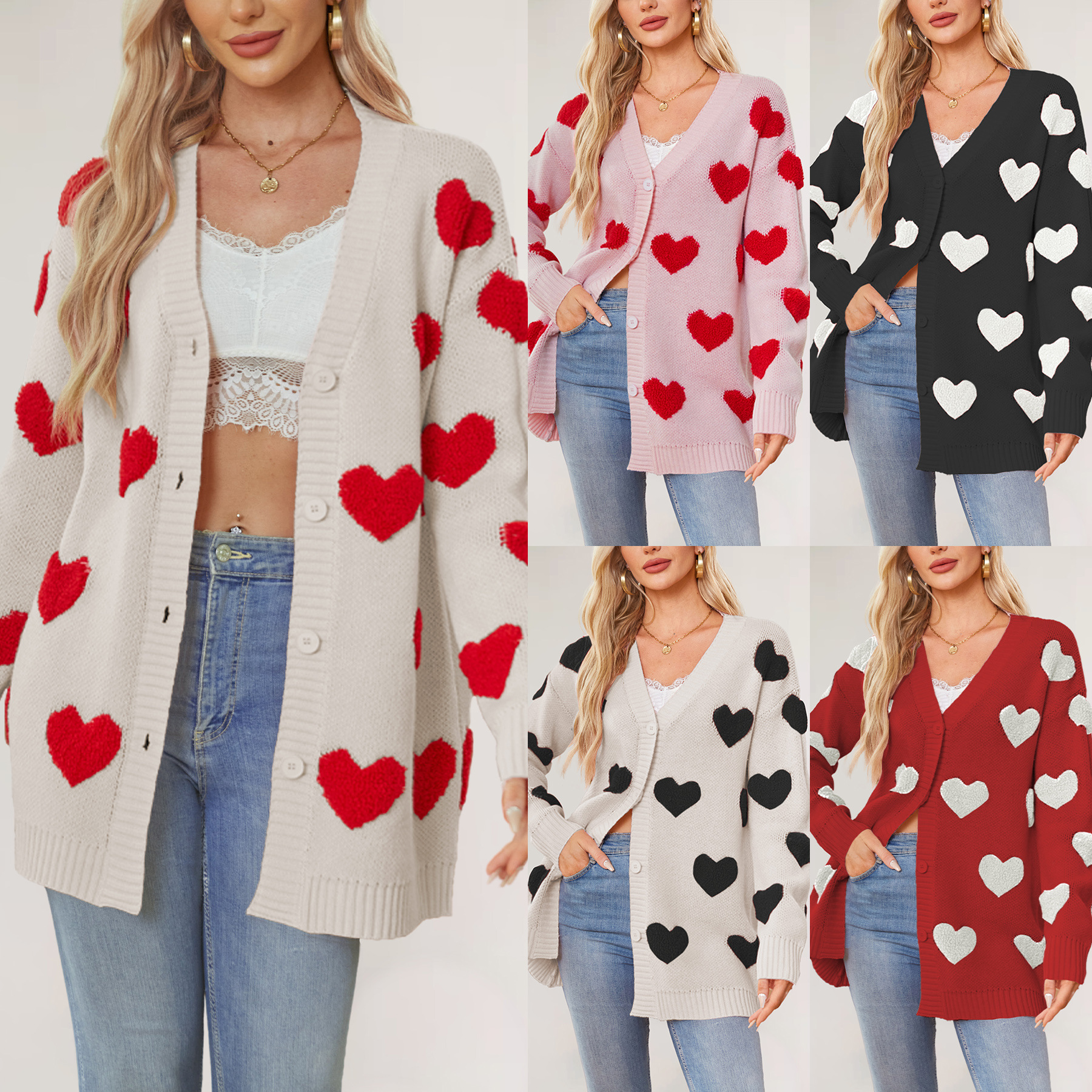 Heart Jacquard Knit Midi Cardigan V-Neck Button-Up Women's