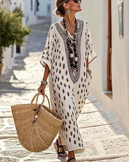 Women's Floral Polka Dot Print Midi Dress Deep V-Neck Five-Sleeve Slim Fit Casual
