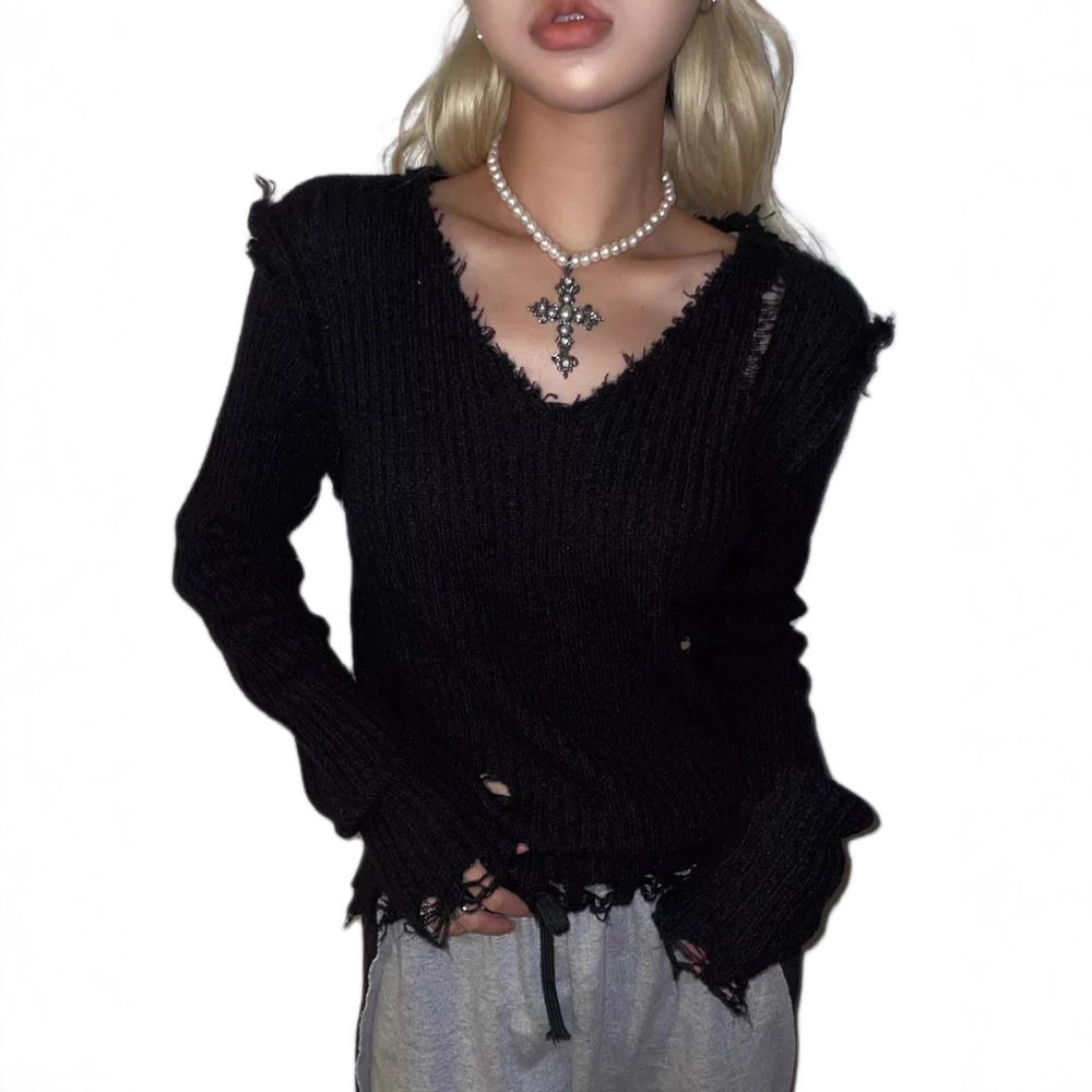 V-Neck Hand-Distressed Long-Sleeve Slim Knit Top