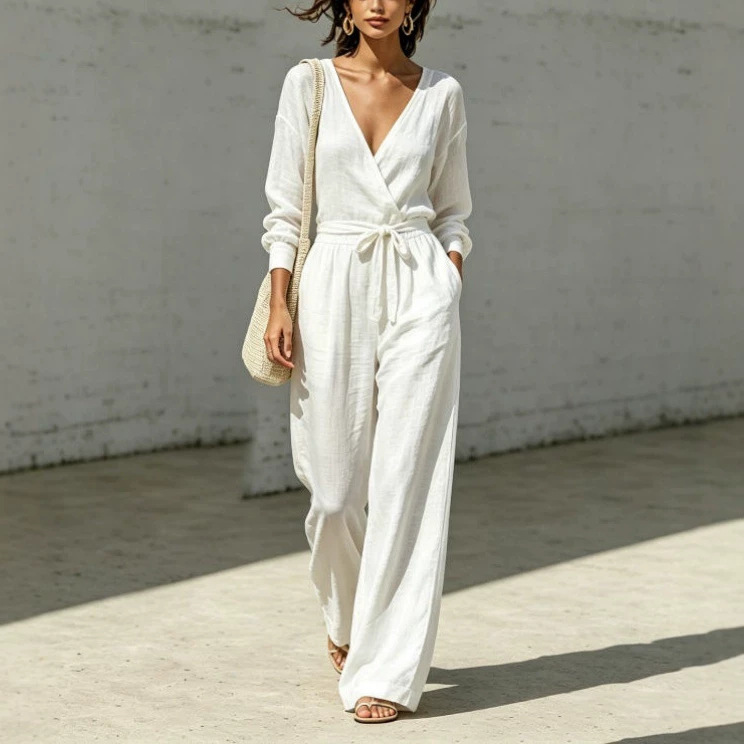 Women's V-Neck Tie-Front Shirt & Pants Set Summer Commuter Casual