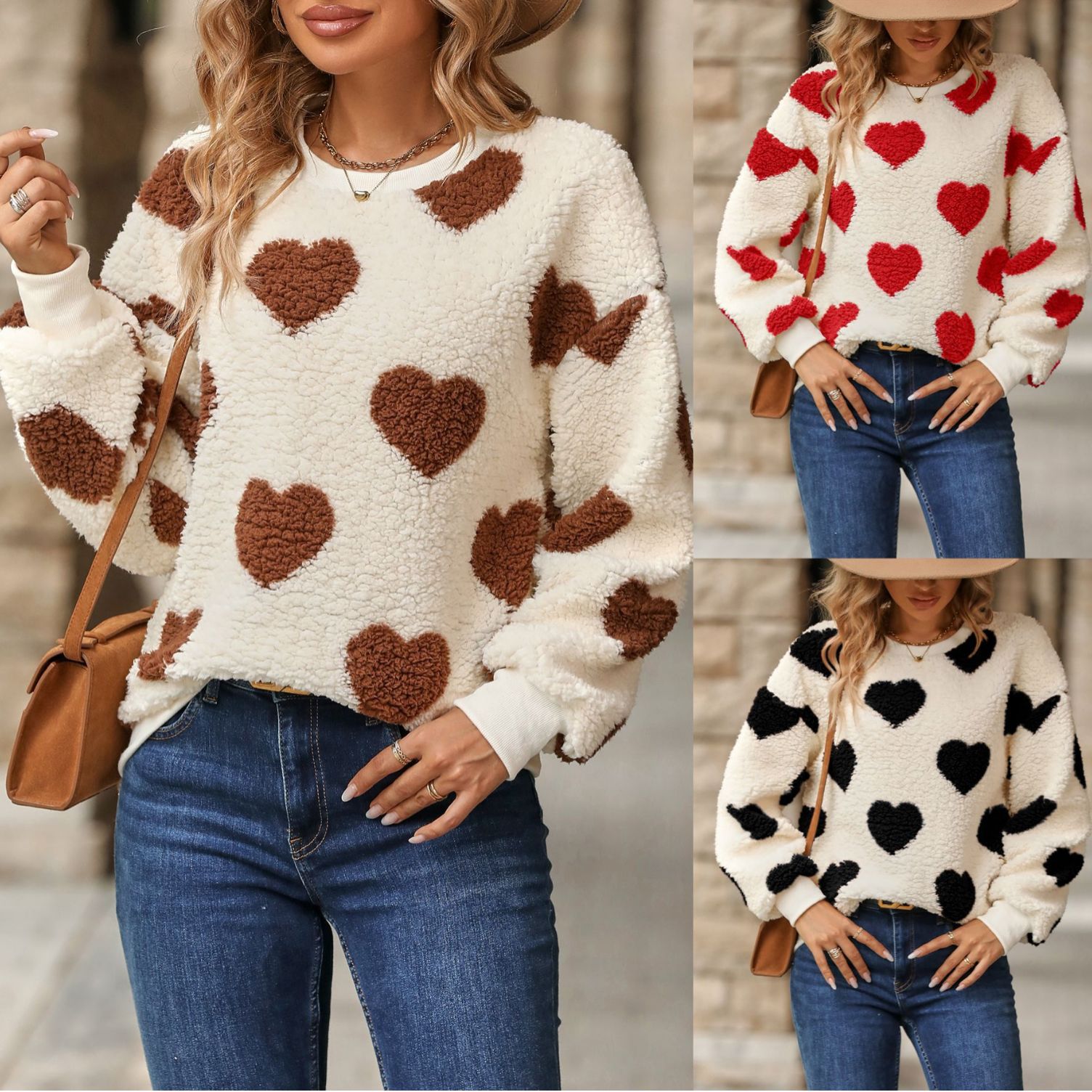 Fuzzy Fleece Heart Print Loose Long-Sleeve Crewneck Pullover Sweatshirt