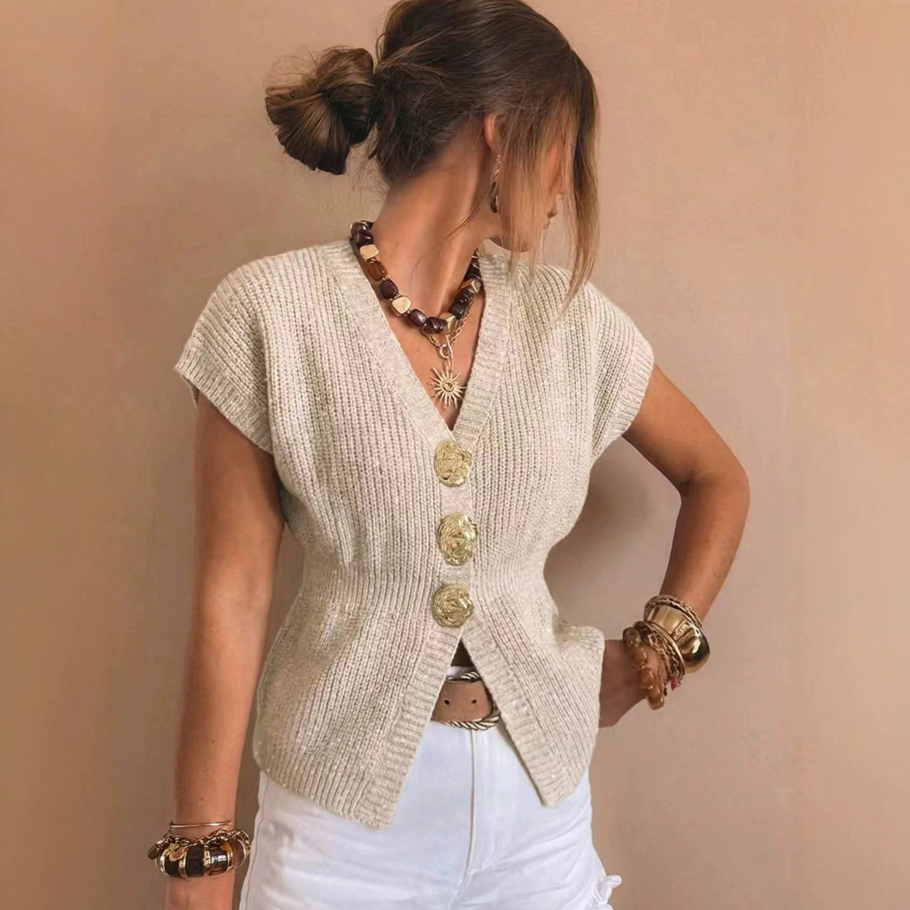 Oatmeal V-Neck Knit Vest with Metal Button Waist and Sleeveless Design