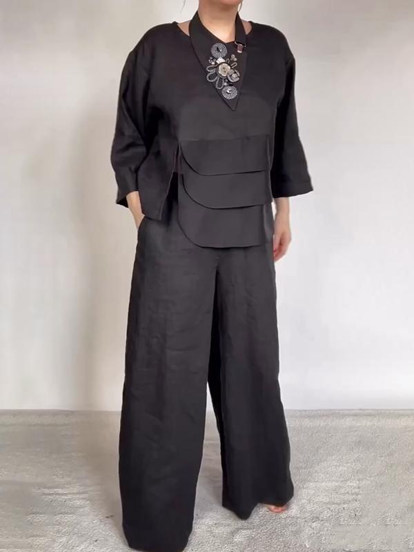 Crewneck Satin Layered Top & Wide-Leg Pants Set