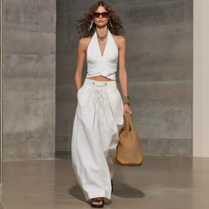 Women's Casual Retro White Sleeveless Wide-Leg Pants Set