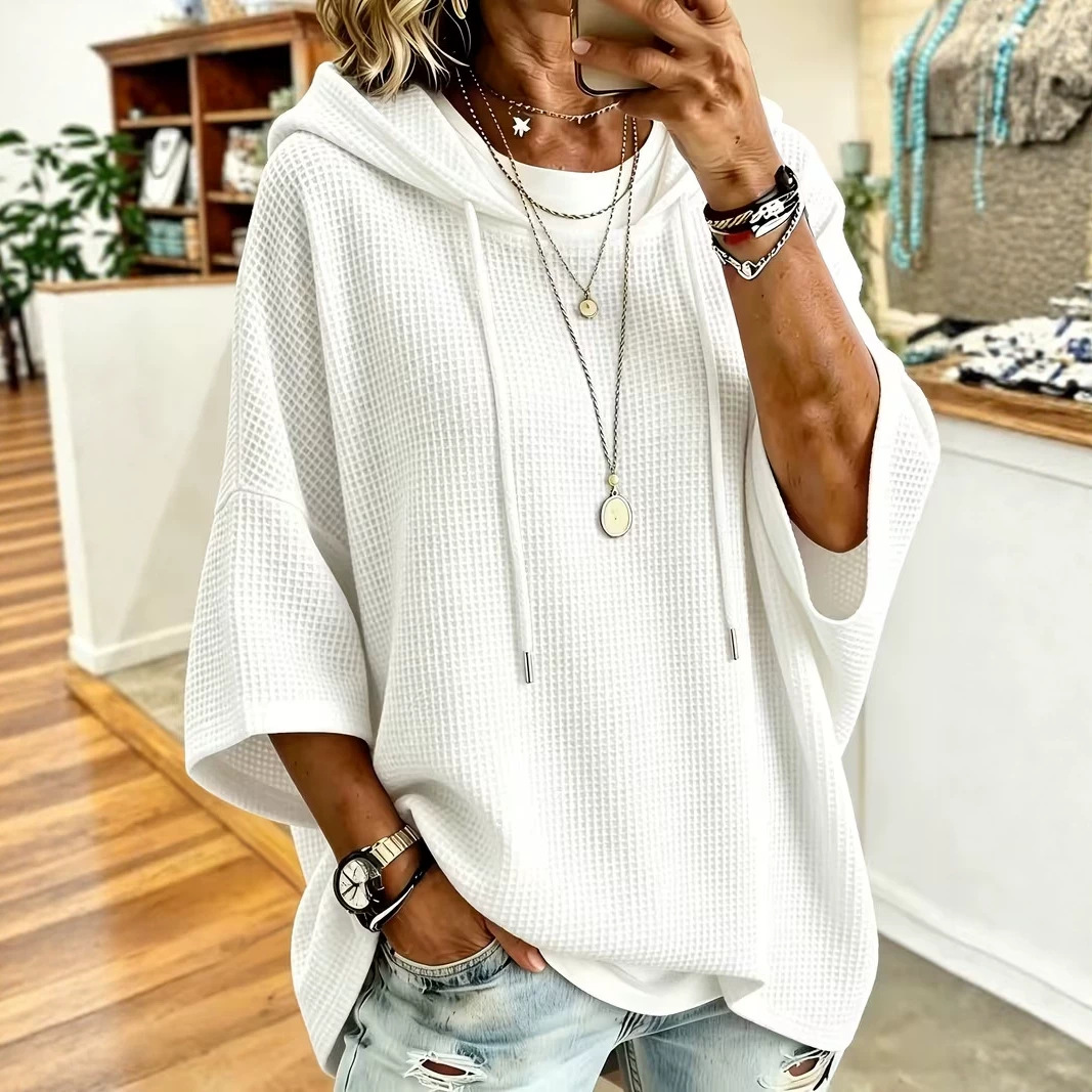Women's Solid Waffle Print Casual Hoodie