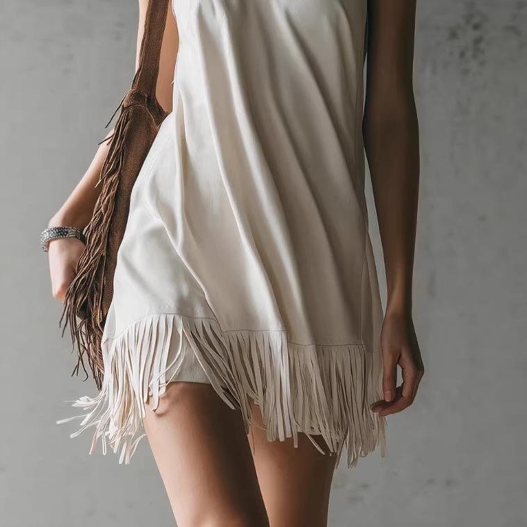 Elegant Faux Suede Fringe Hem Sleeveless Dress White