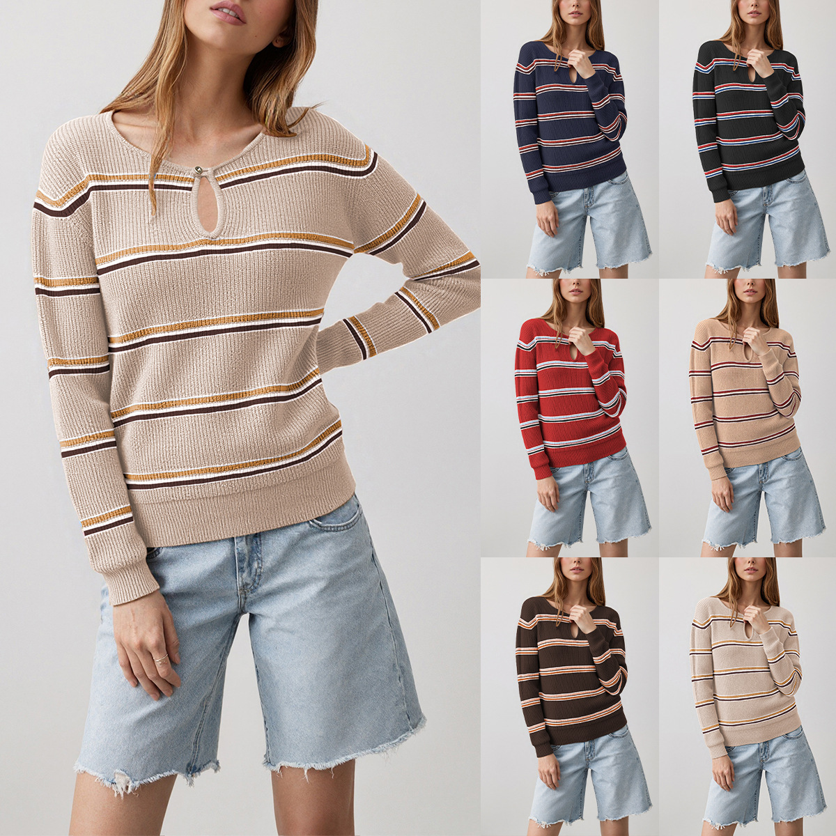 Women's Striped Crewneck Knit Sweater Slim Fit Long Sleeve Pullover