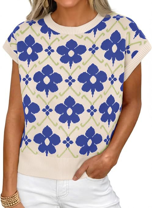 Women's Floral Knit Short Sleeve Sweater Vintage Crew Neck Loose Summer Pullover