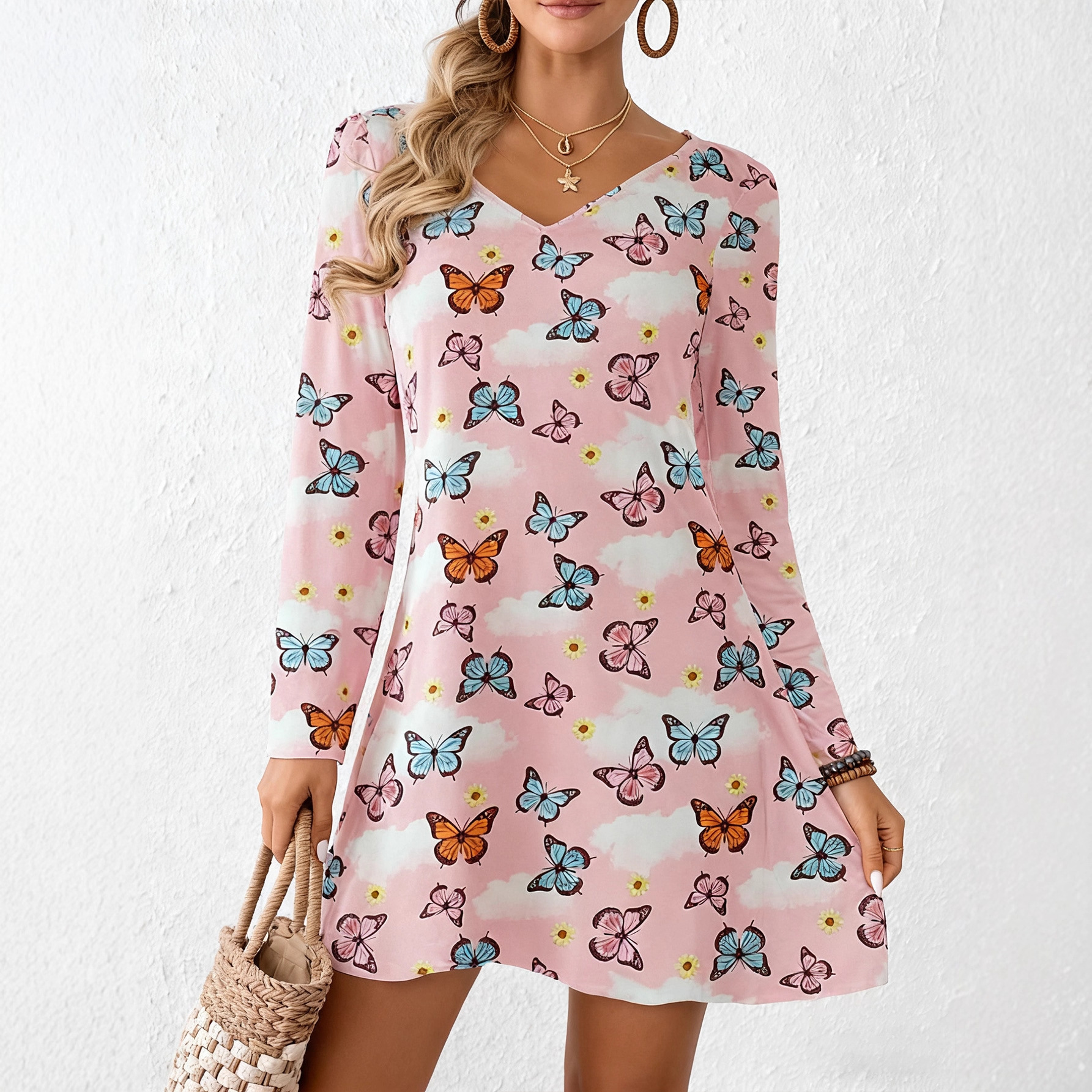 Women's Deep V-Neck Printed A-Line Dress Long Sleeve Casual