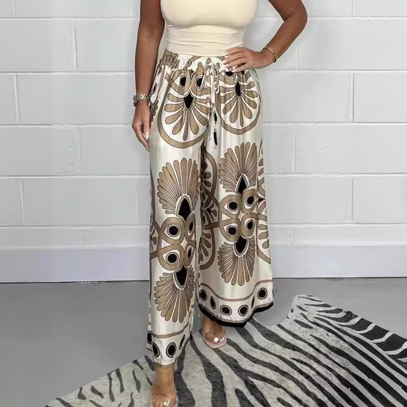 Women's Bohemian Vintage Print Satin Casual Pants