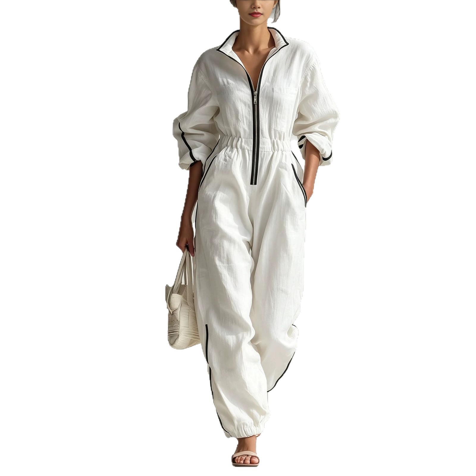 Women's Linen-Blend Zip-Front Jumpsuit with Contrast Trim and Elastic Waist