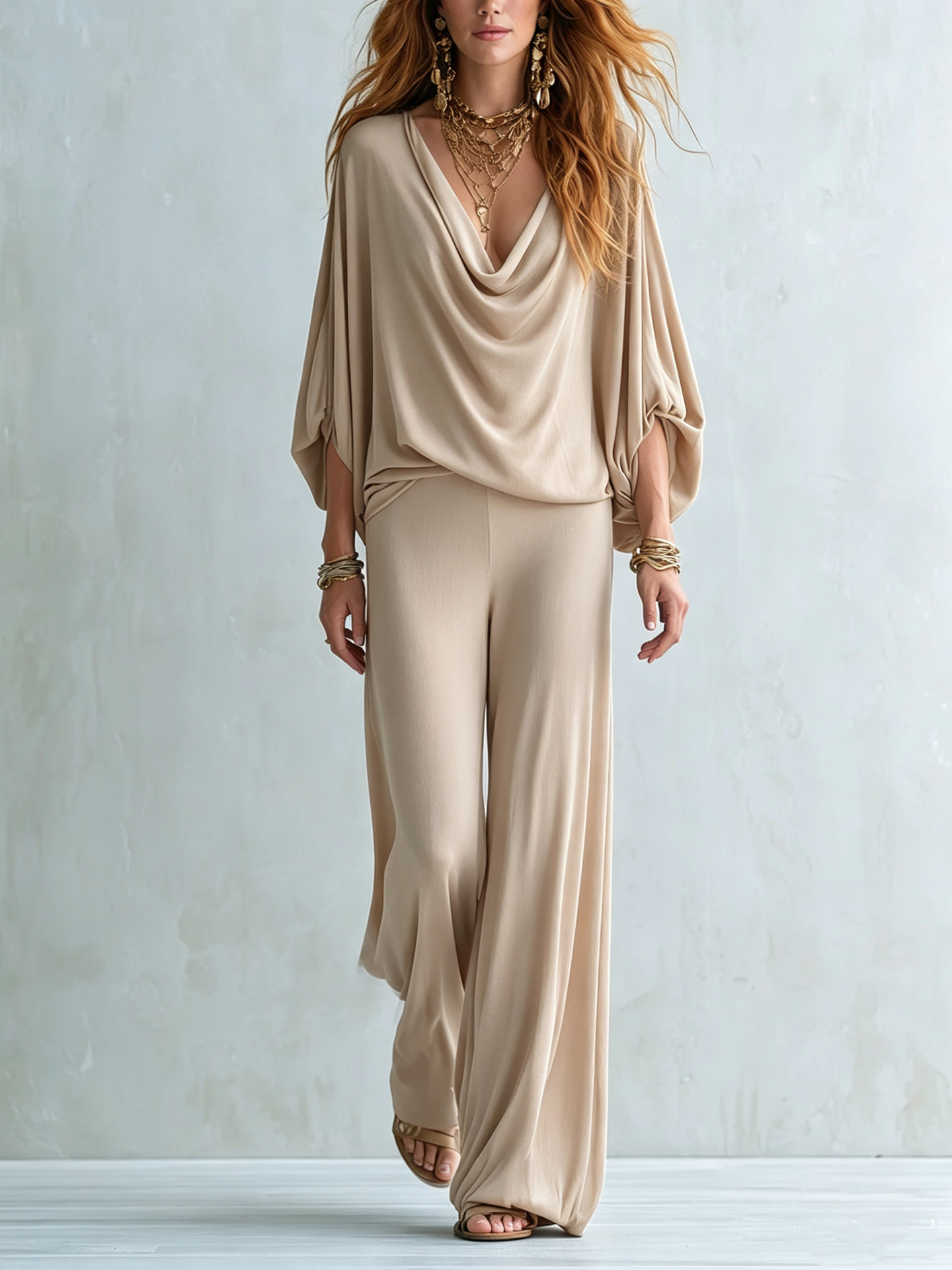 Bohemian Solid Color Cowl Neck Batwing Sleeve Top and Wide-Leg Pants Set