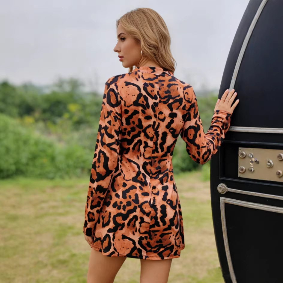 Women's Elegant Knit Mesh Floral Print Long Sleeve Leopard Bodycon Dress