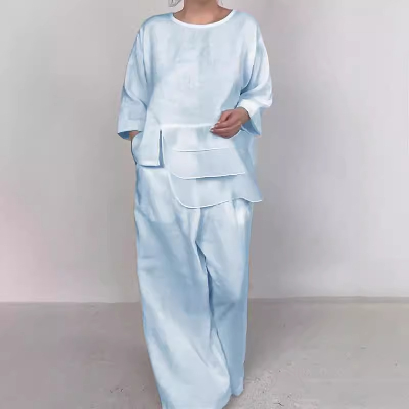 Crewneck Satin Layered Top & Wide-Leg Pants Set