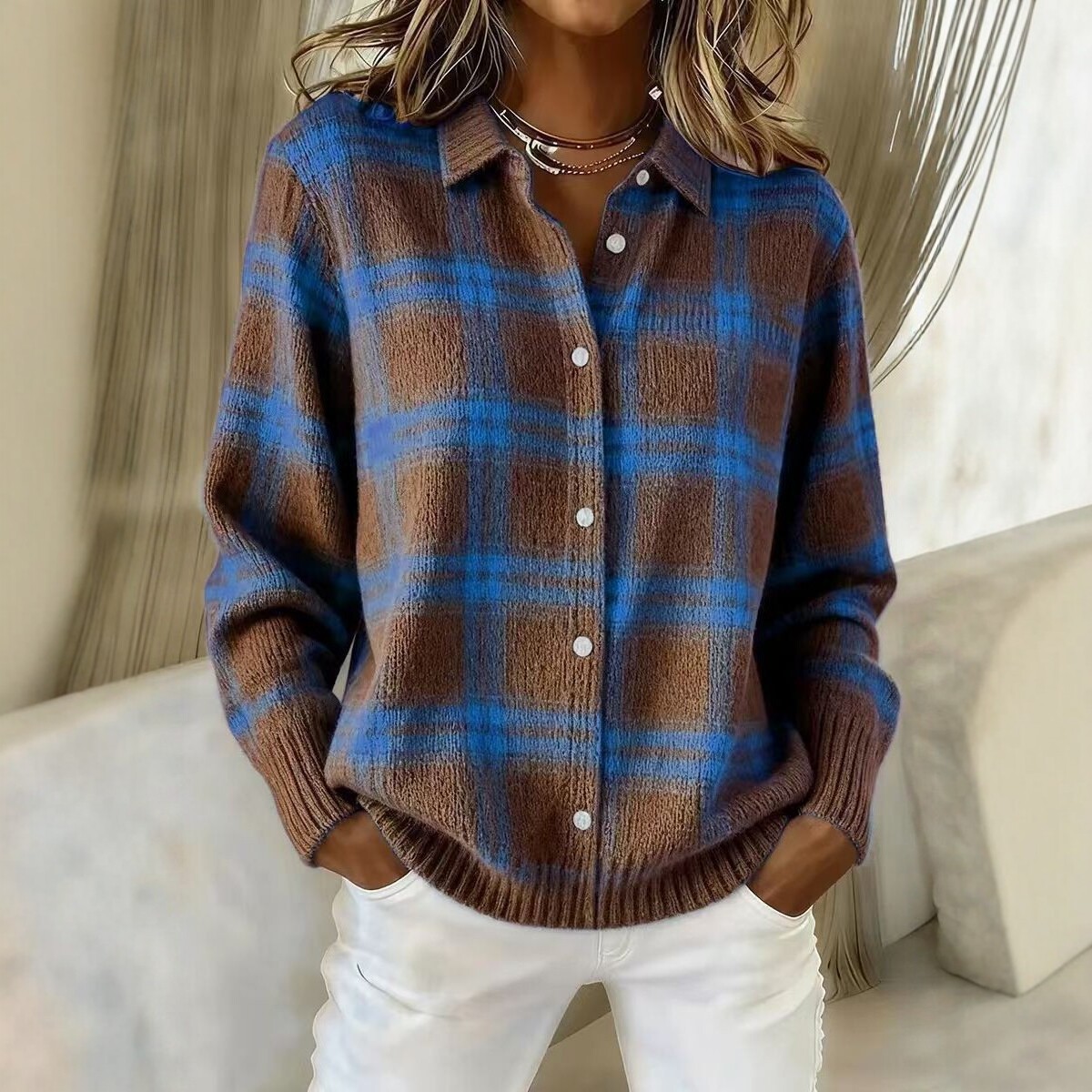 Women's Plaid Long Sleeve Collared Cardigan Sweater