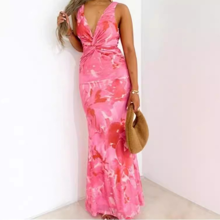 V-Neck Floral Print Stretch Bodycon Dress with Slit