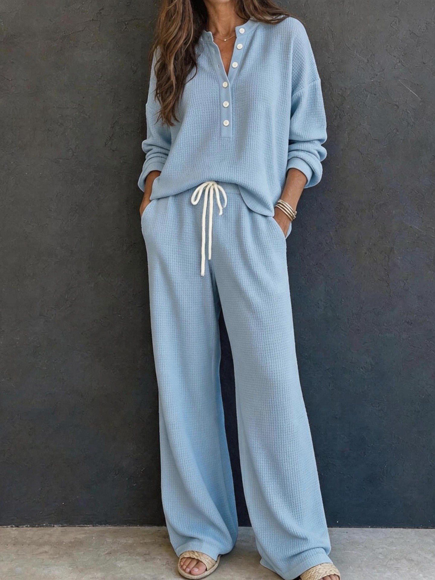 Women's Retro Waffle Knit Long Sleeve Top and Pants Set