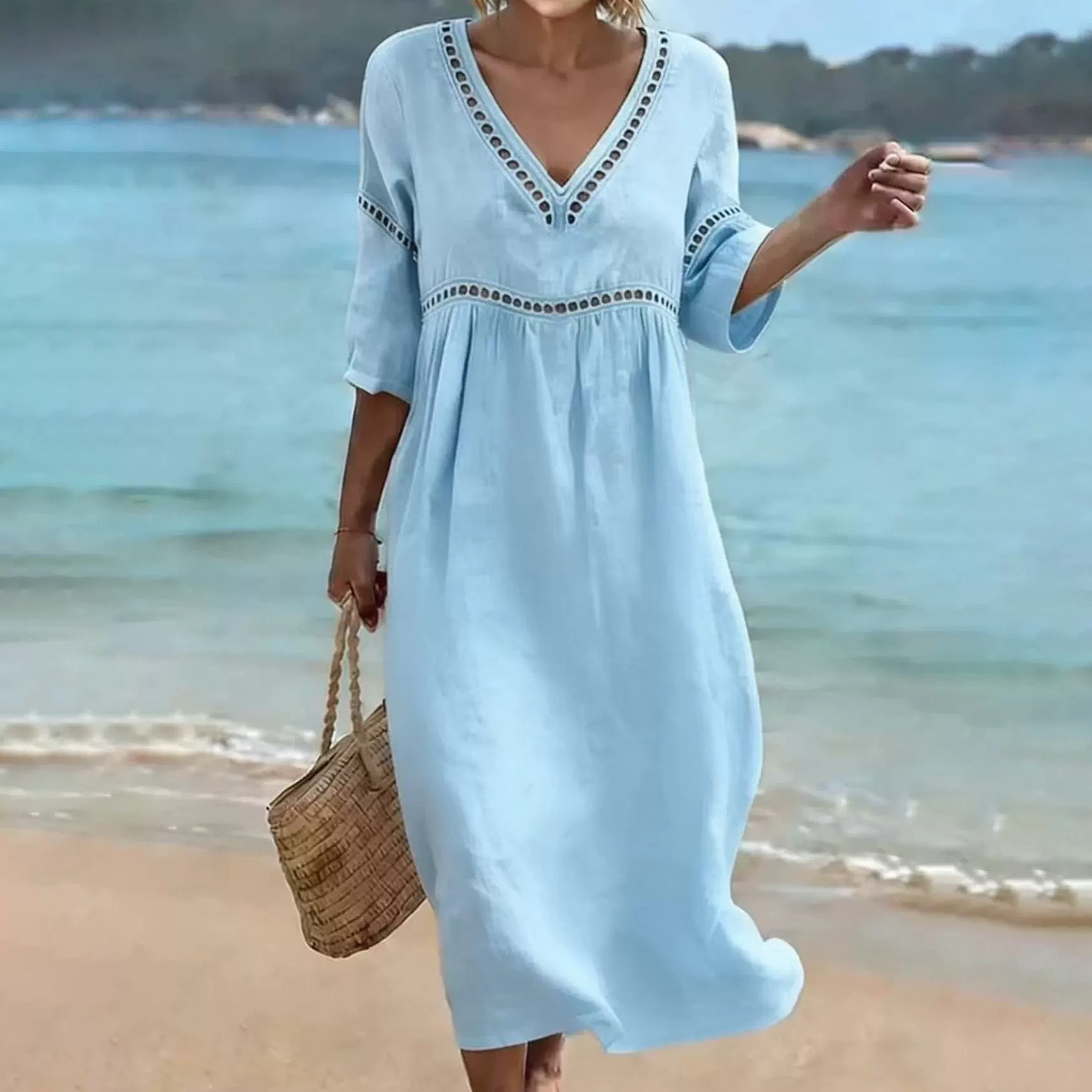 Women's Summer Bohemian Lantern Sleeve Long Dress V-Neck A-Line