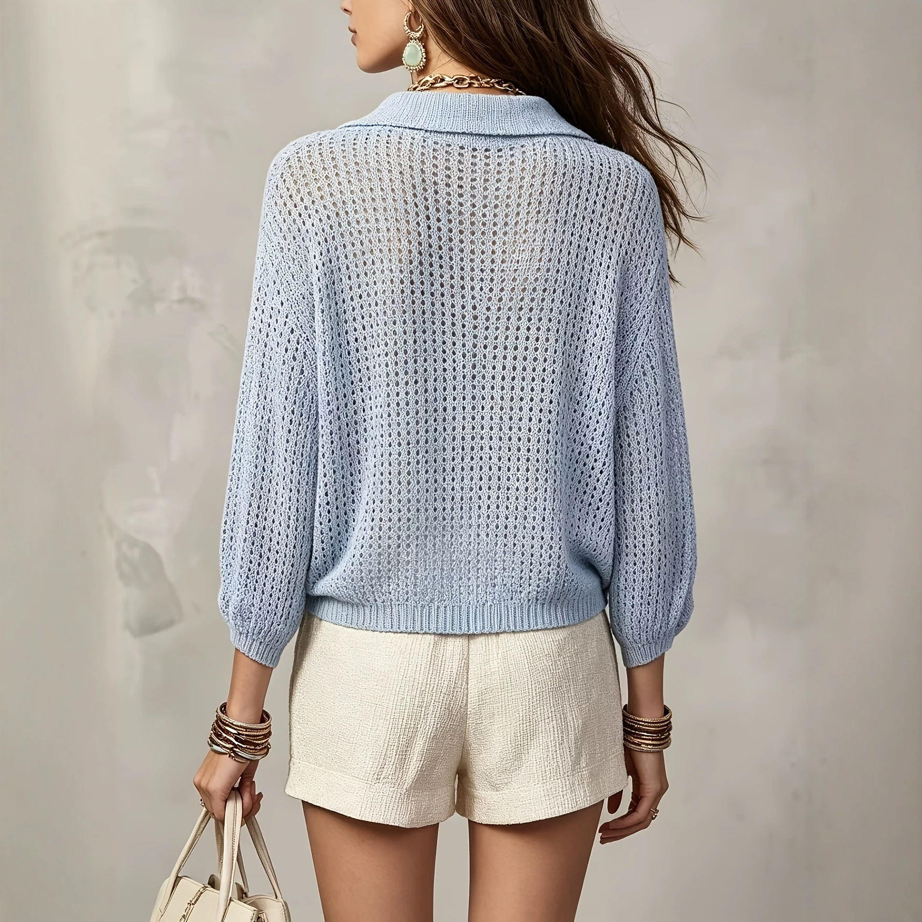 Women's Open-Knit V-Neck Button Cardigan Loose Casual Top