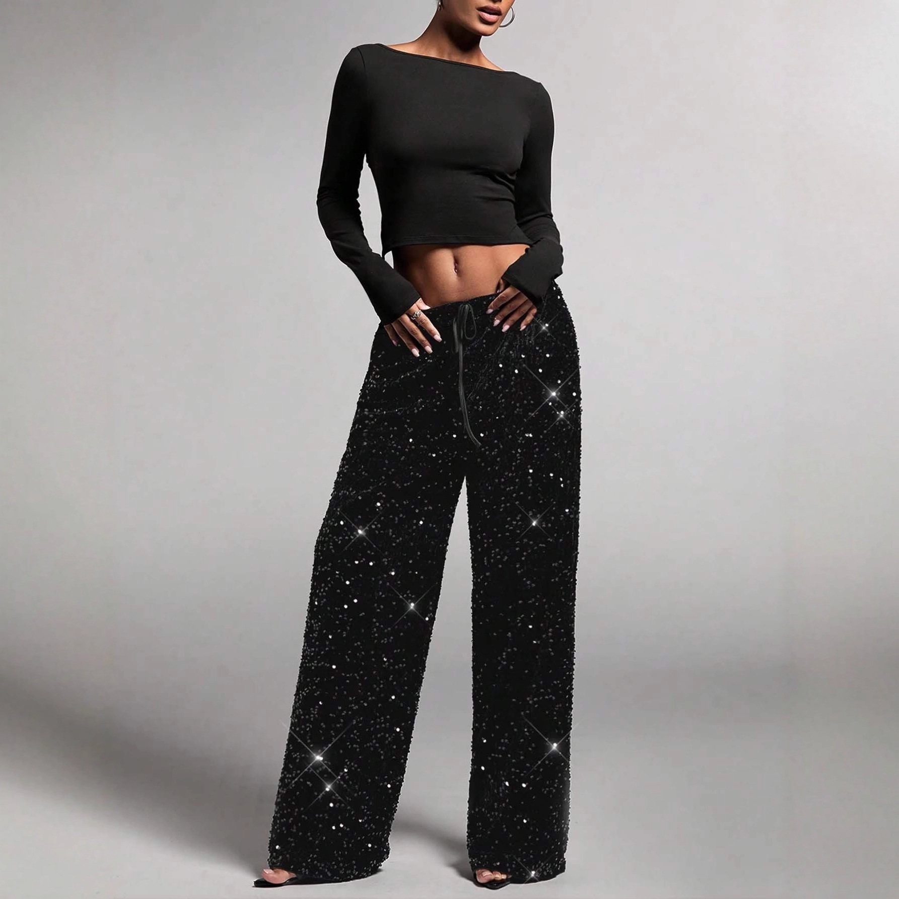 Sequin Drawstring Straight Leg Stretch Pants