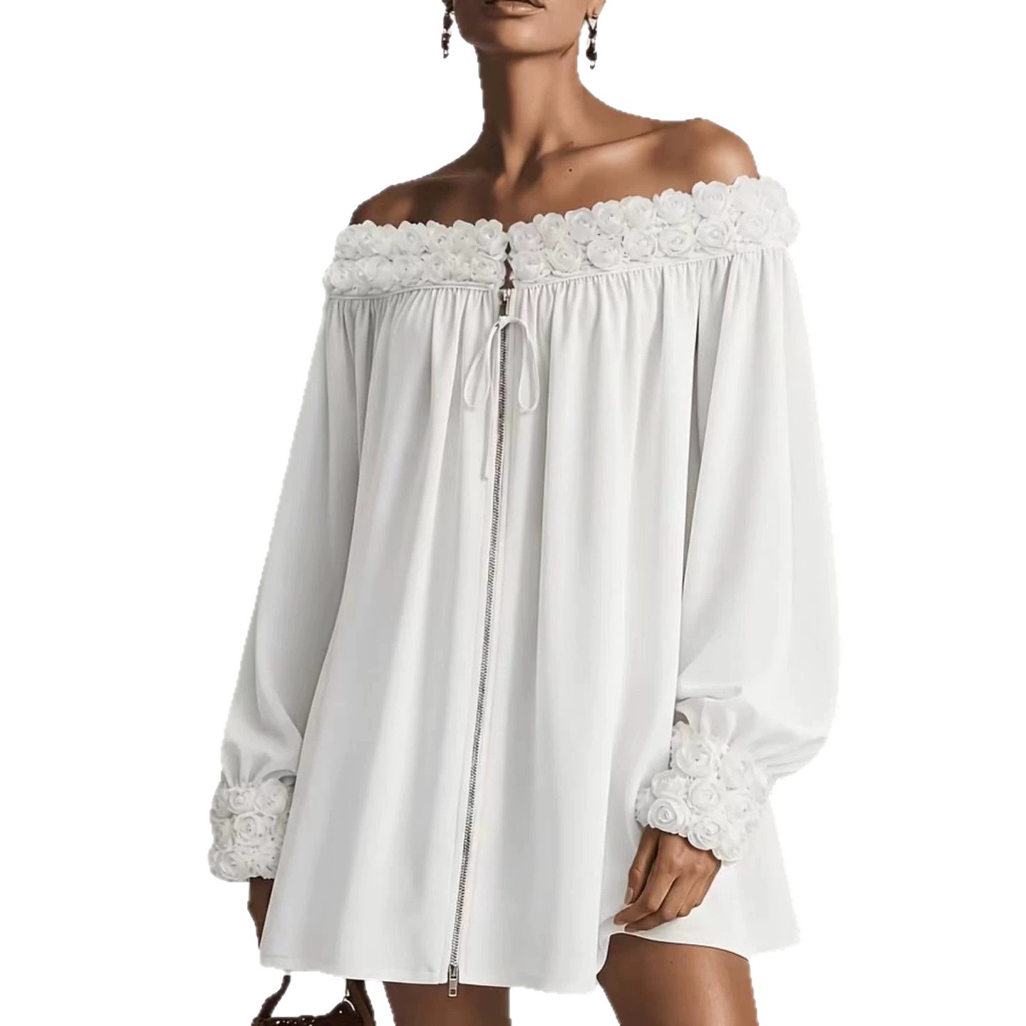 Off-Shoulder Floral Dress with Puff Sleeves and A-Line Skirt