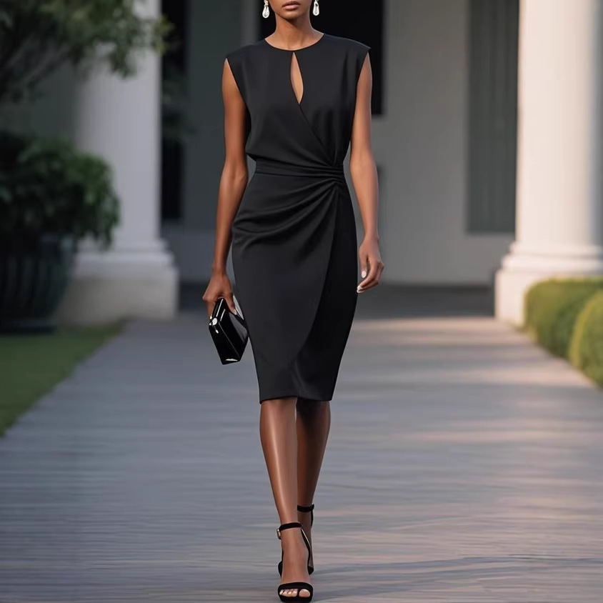 Elegant Cross-Front Knotted Cutout Round-Neck Bodycon Dress