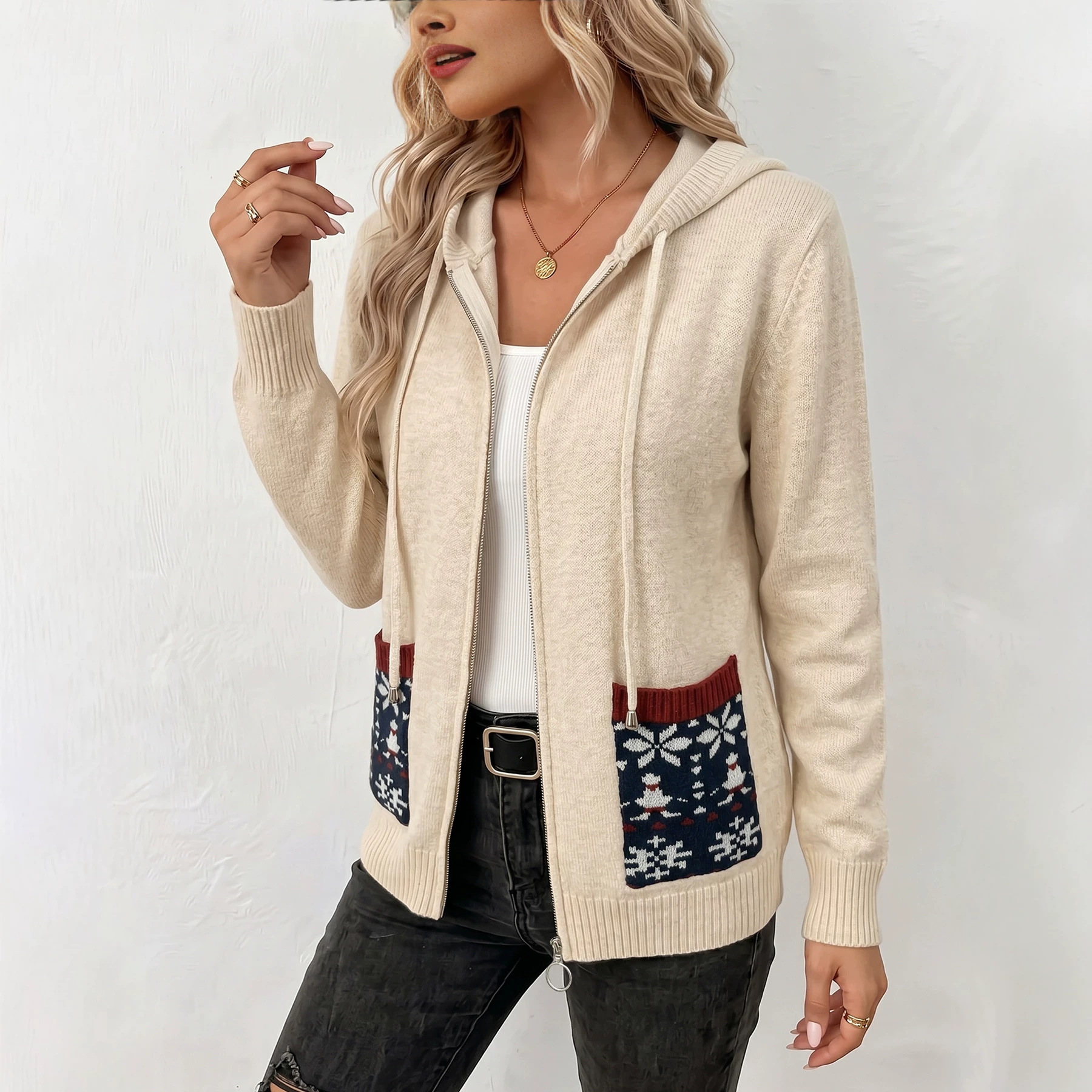 Women's Zip-Up Hooded Knit Cardigan Solid Color Casual Lazy Style with Pockets