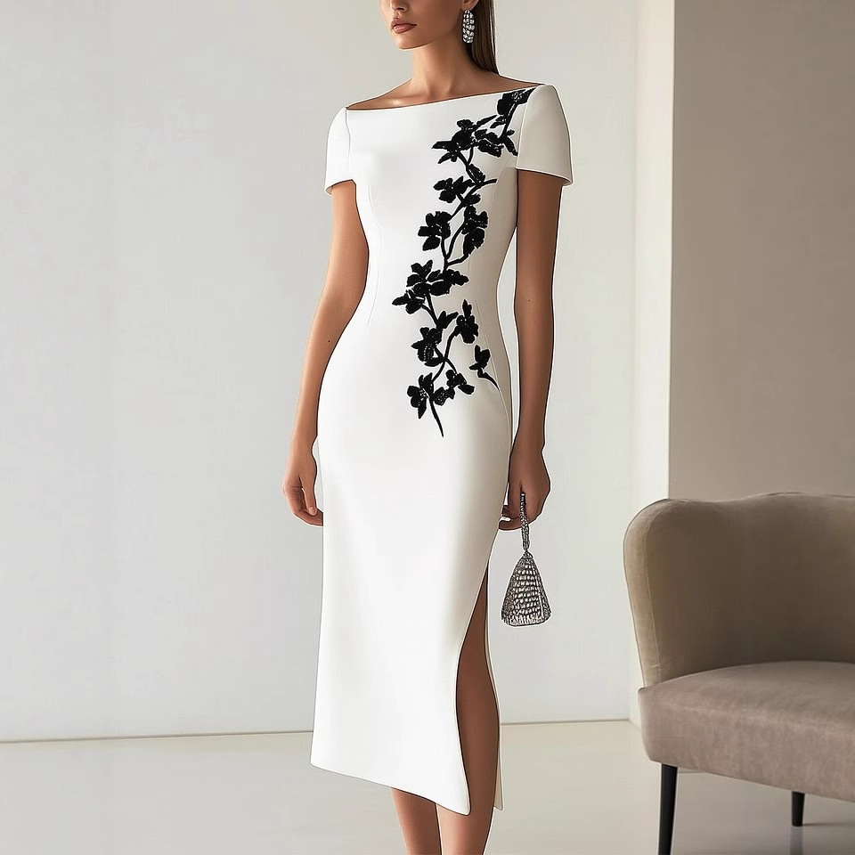 Women's Off-Shoulder Short-Sleeve Digital Print Maxi Dress