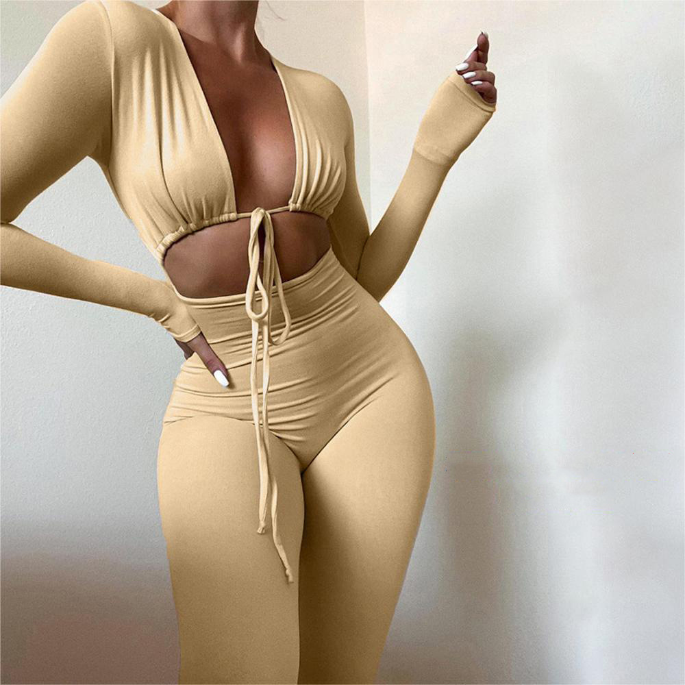 Women's Sexy Cutout Lace-Up Long Sleeve Slim Jumpsuit