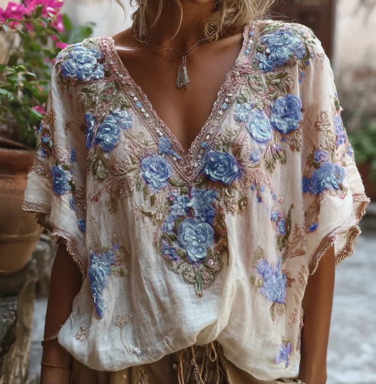 3D Digital Print V-Neck Half-Sleeve Top