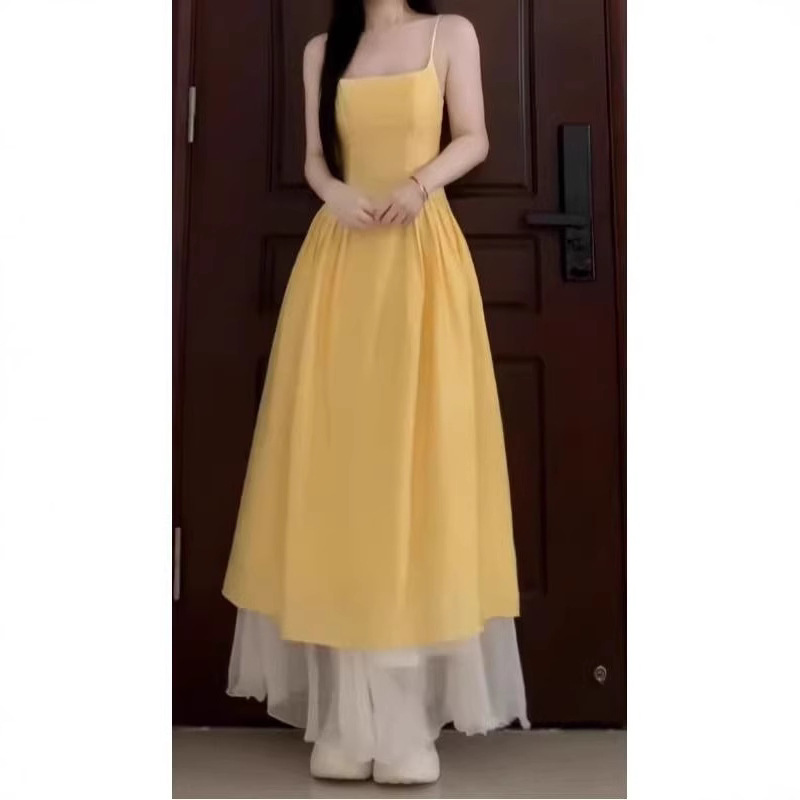 Yellow Sleeveless Midi Dress with Cinched Waist