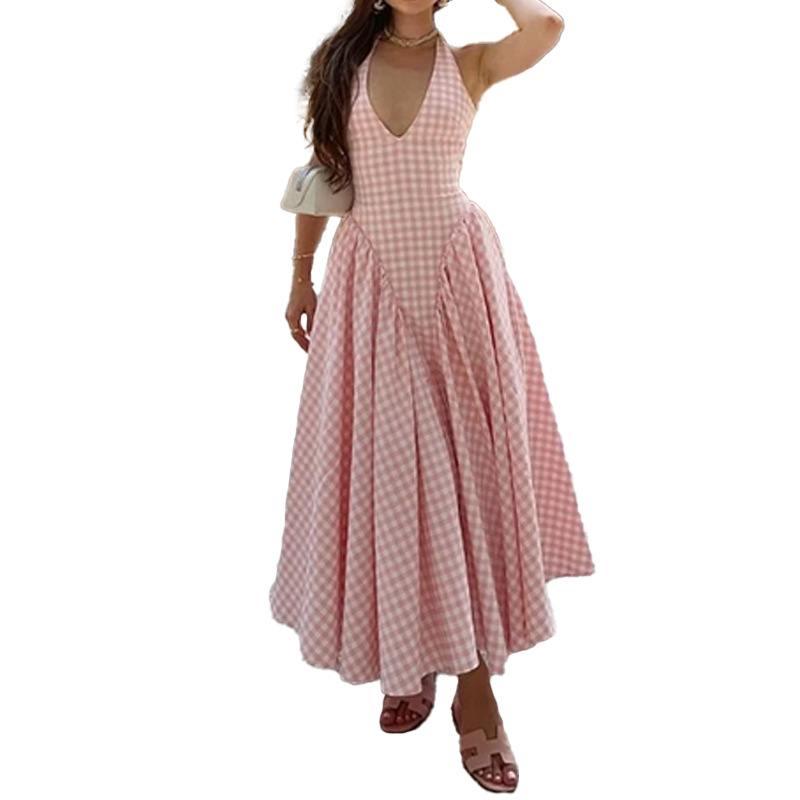 Elegant Halter Neck Pleated Waist Midi Dress