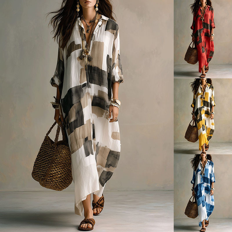 Women's Geometric Print Button-Front Collared Long Sleeve Maxi Dress
