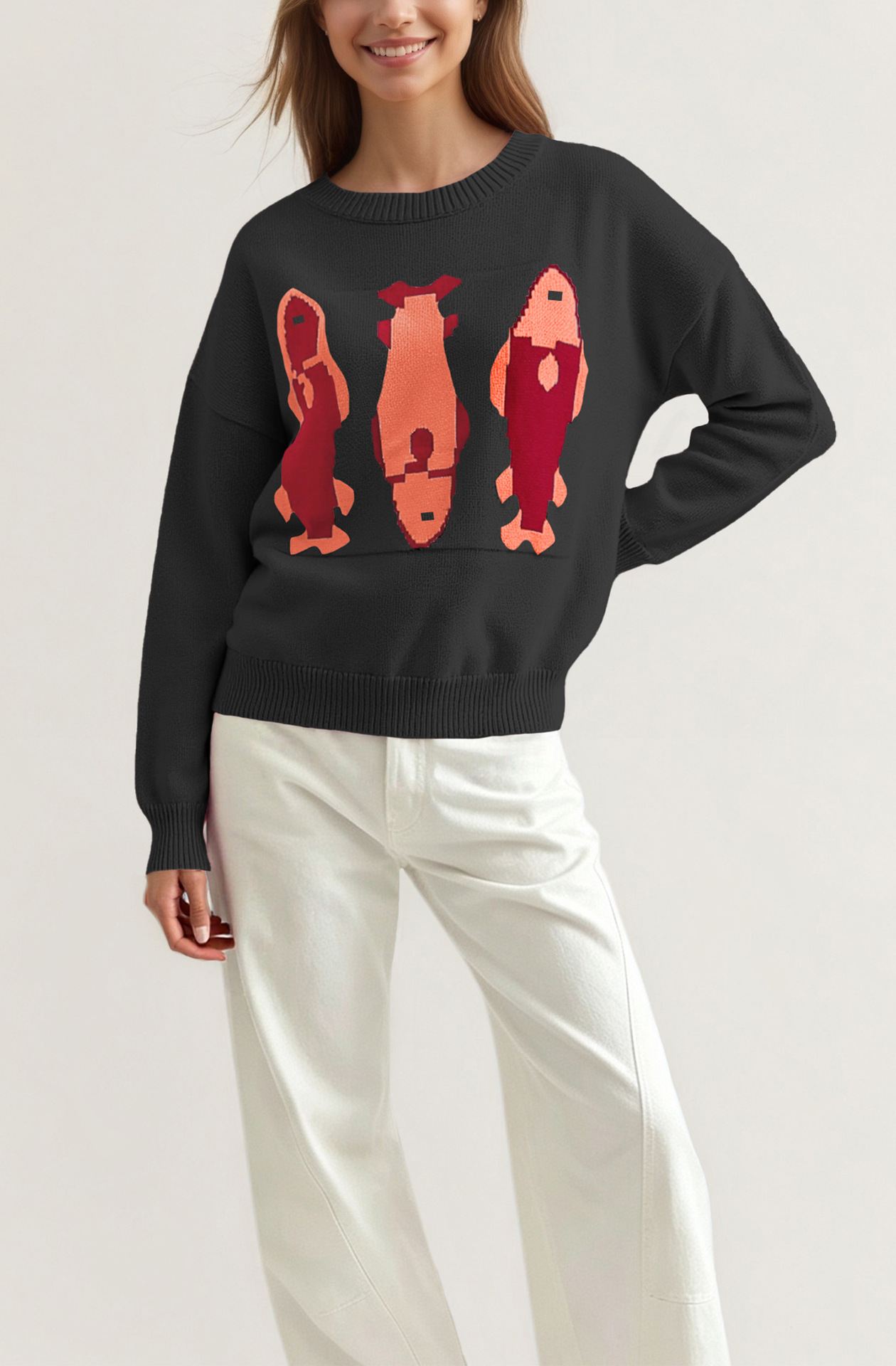 Women's Round Neck Loose Knit Pullover Sweater with Color Block Pattern