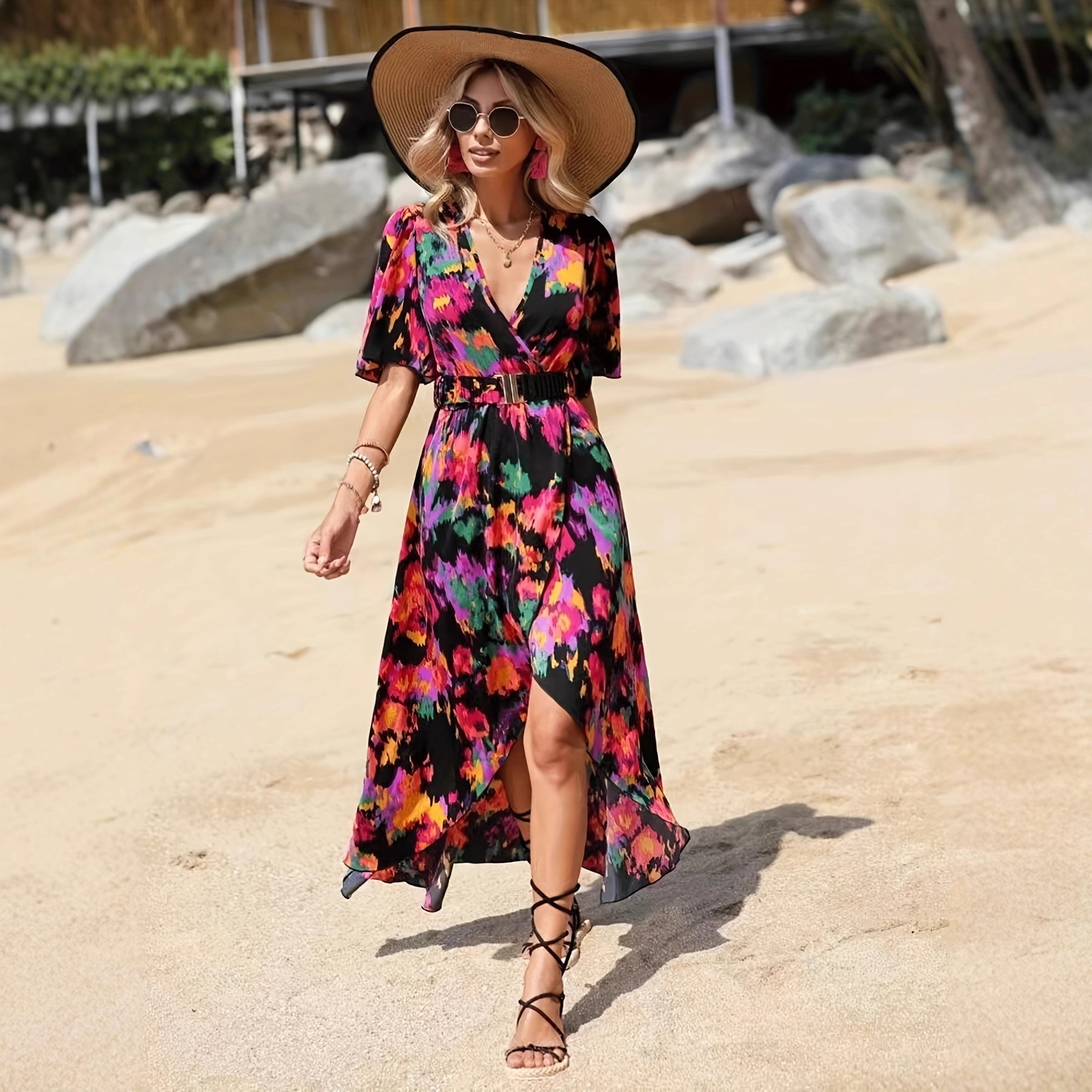Bohemian V-Neck Gradient Print Cinched Waist Beach Dress