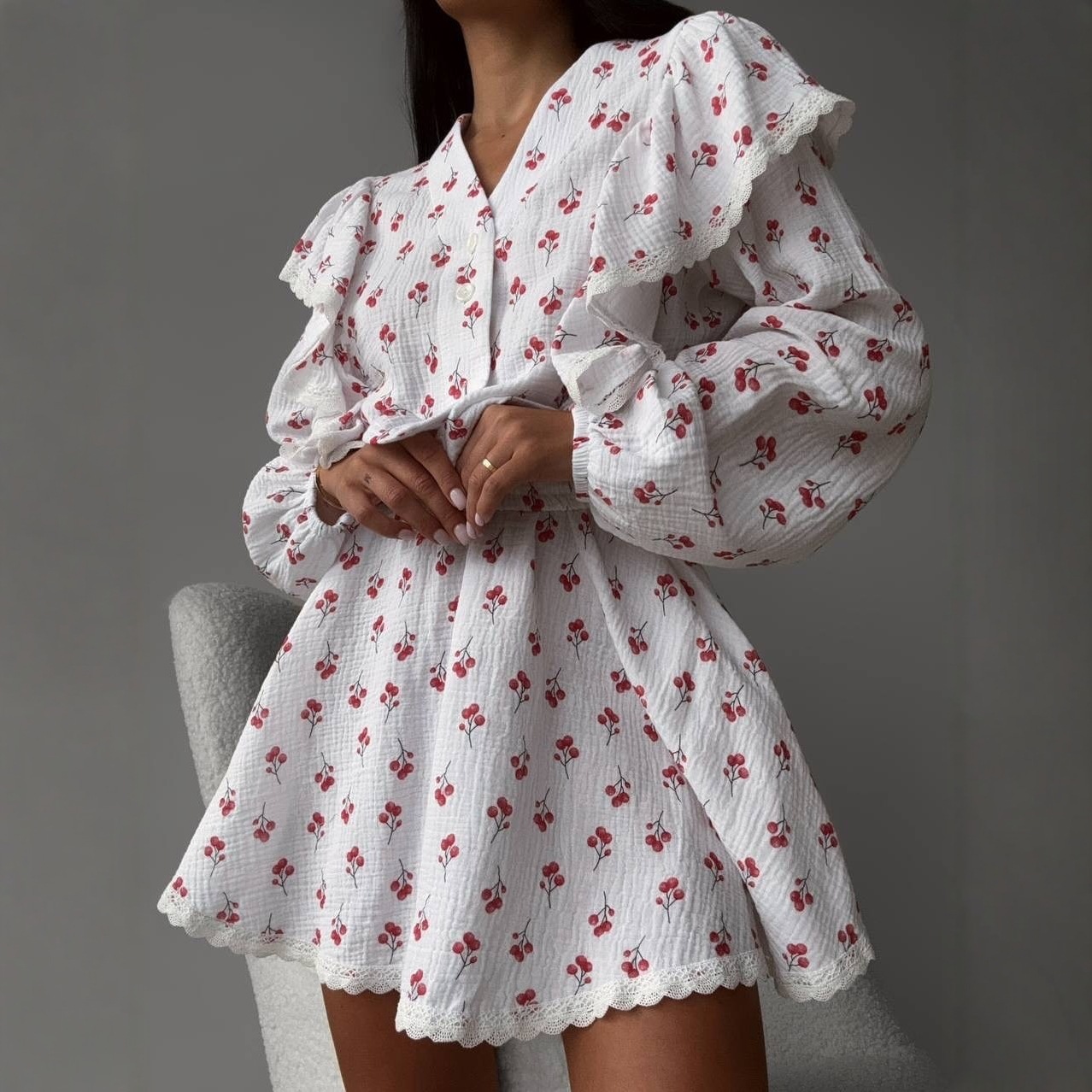 Heart Print Puff Sleeve Lace-Up Short Shirt and Sweet Skirt Set