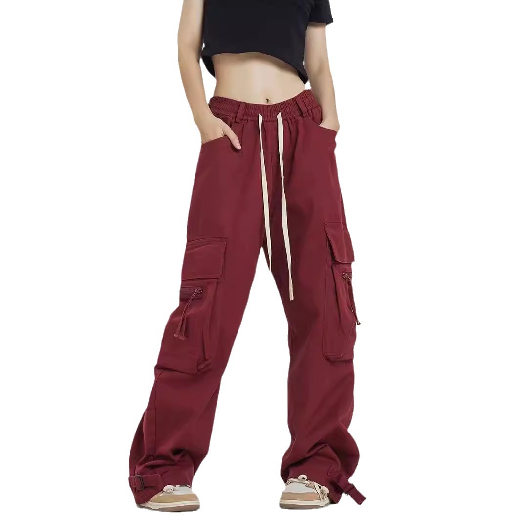 Wide-Leg Red Cargo Pants Streetwear
