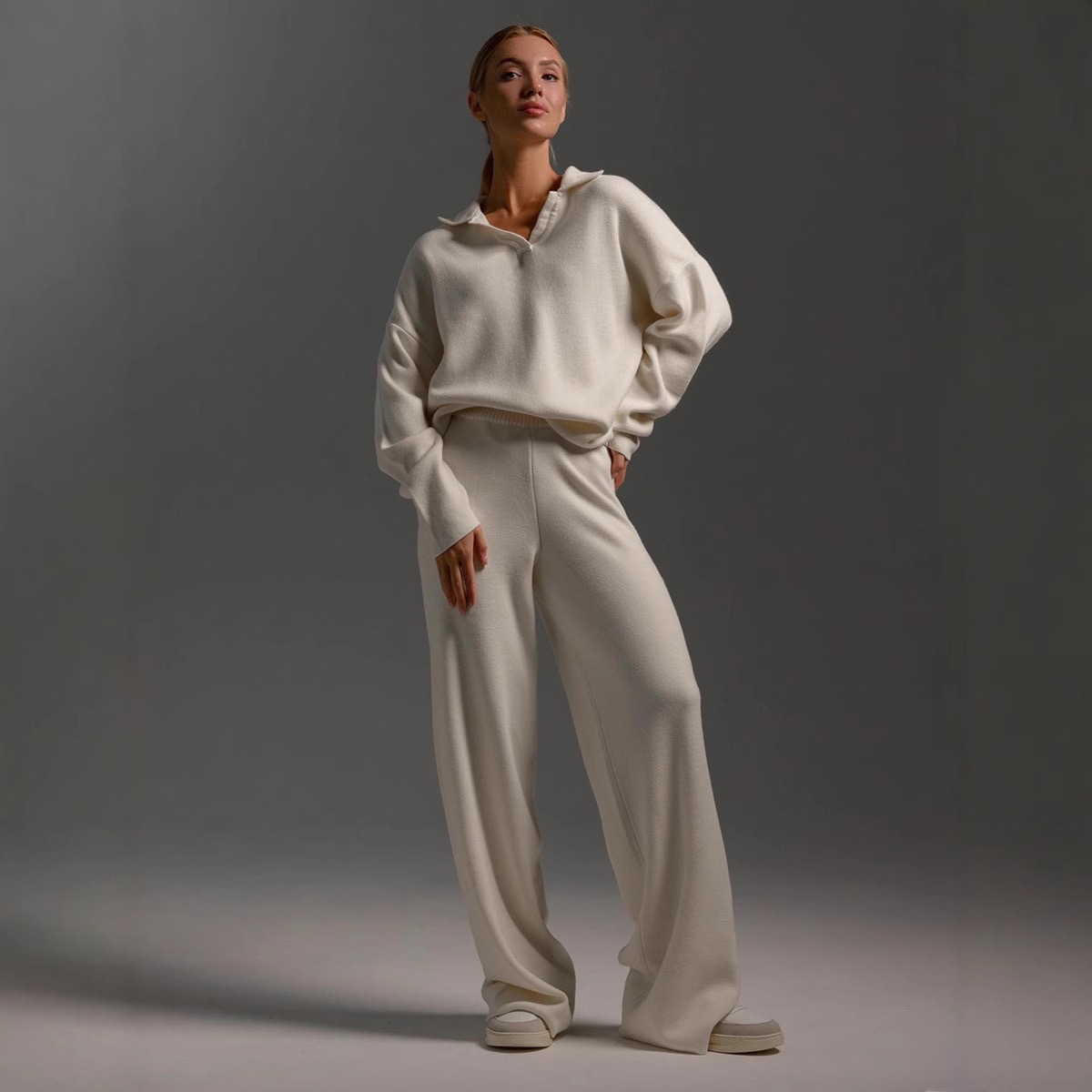 Polo Neck Pullover & Wide Leg Pants Two-Piece Set