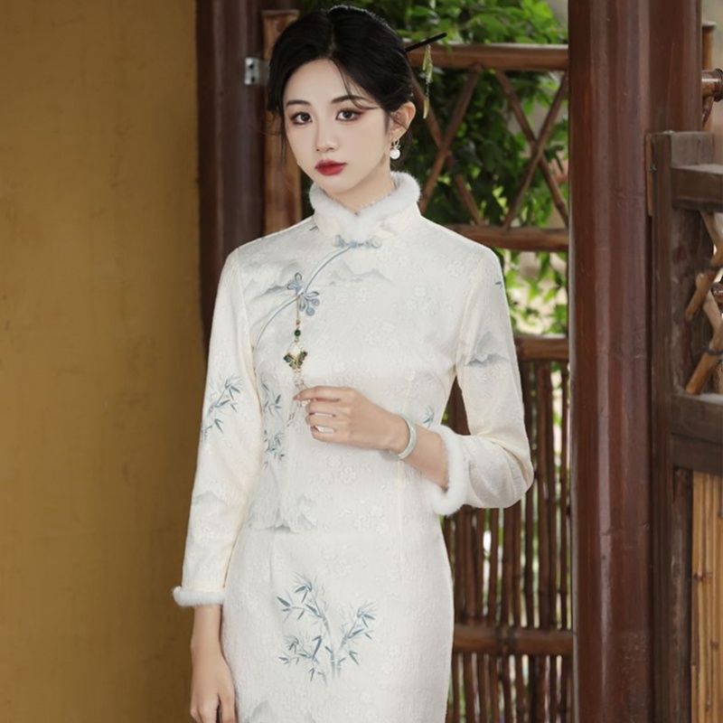 Off-White Cheongsam Dress Fleece-Lined Floral Bamboo Leaf Print New Chinese Style